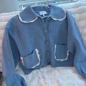 Women’s Blue Lace Trim Knit Cardigan Sweater